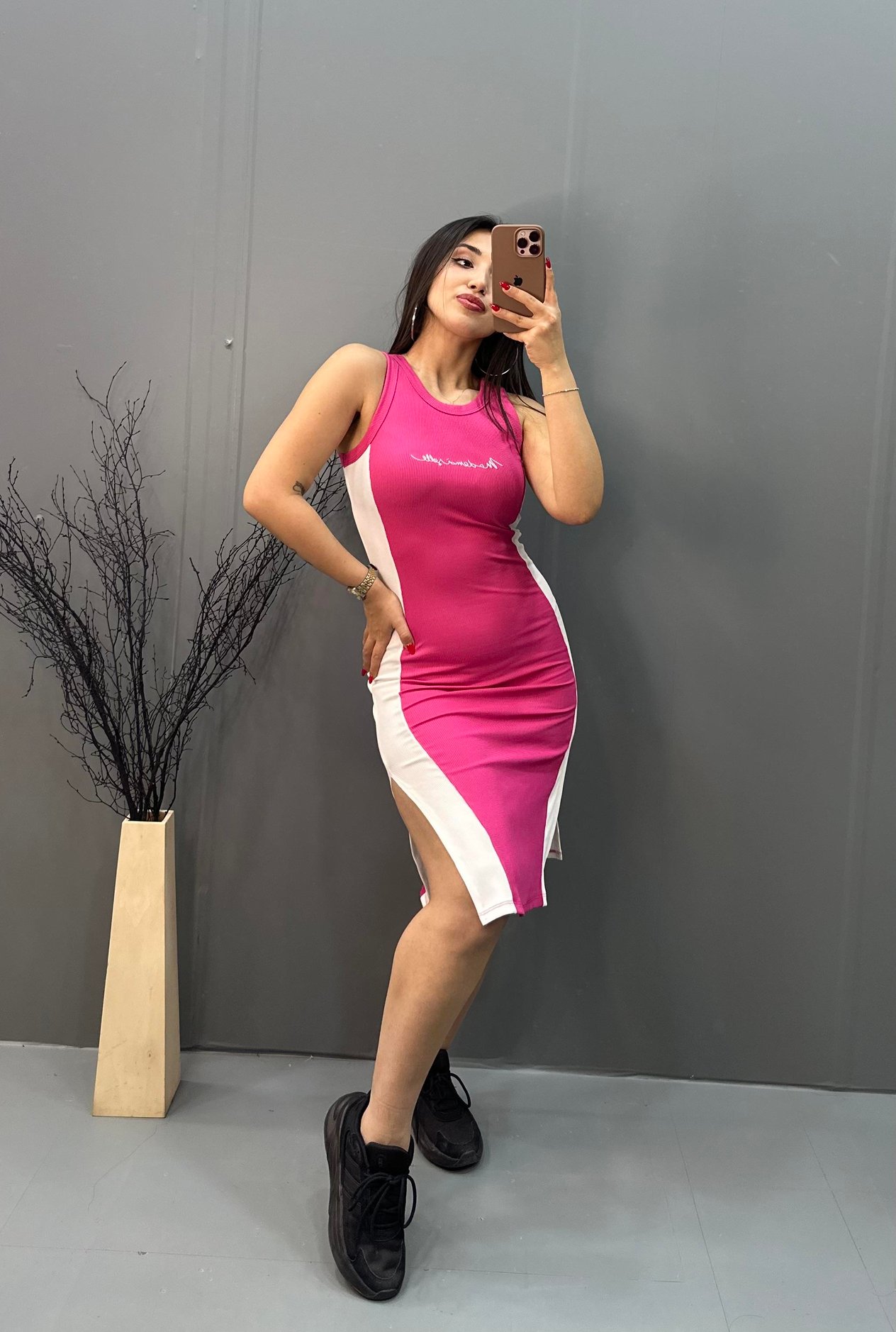 Çift Yırtmaçlı Kalem Elbise Pembe