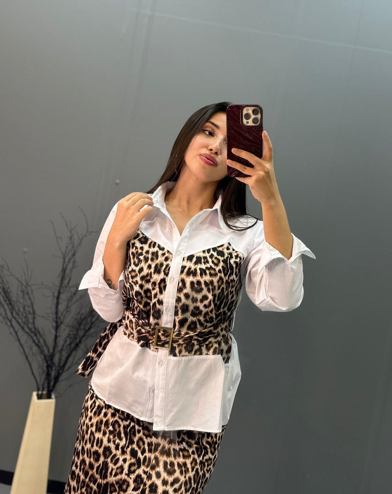 Leopar Detaylı Kemerli Gömlek