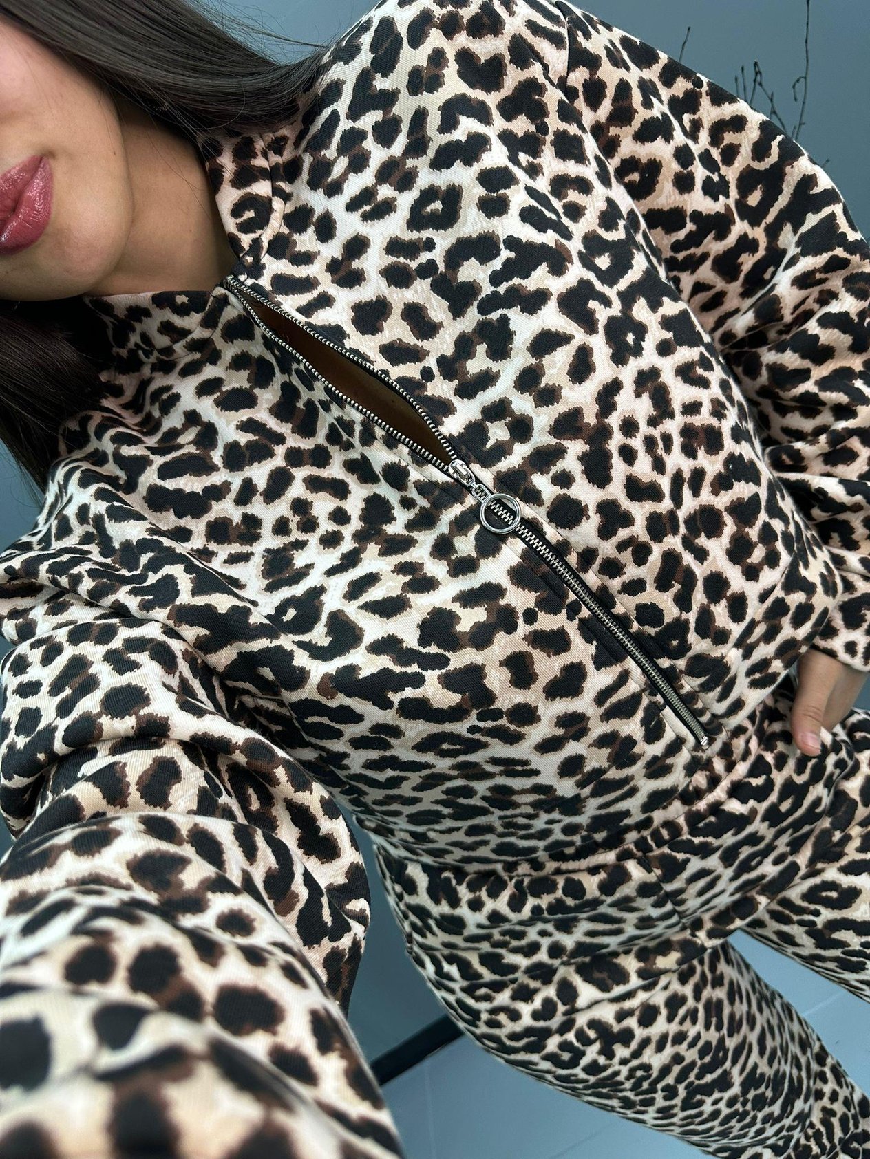 Leopar Fermuarlı Sweatshirt