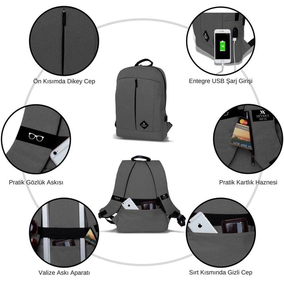 My Valice Smart Bag GALAXY Usb Şarj Girişli Notebook Sırt Çantası Gri