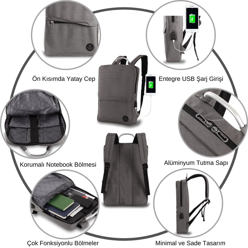 My Valice Smart Bag Usb Şarj Girişli Akıllı Sırt Çantası 1210 Antrasit