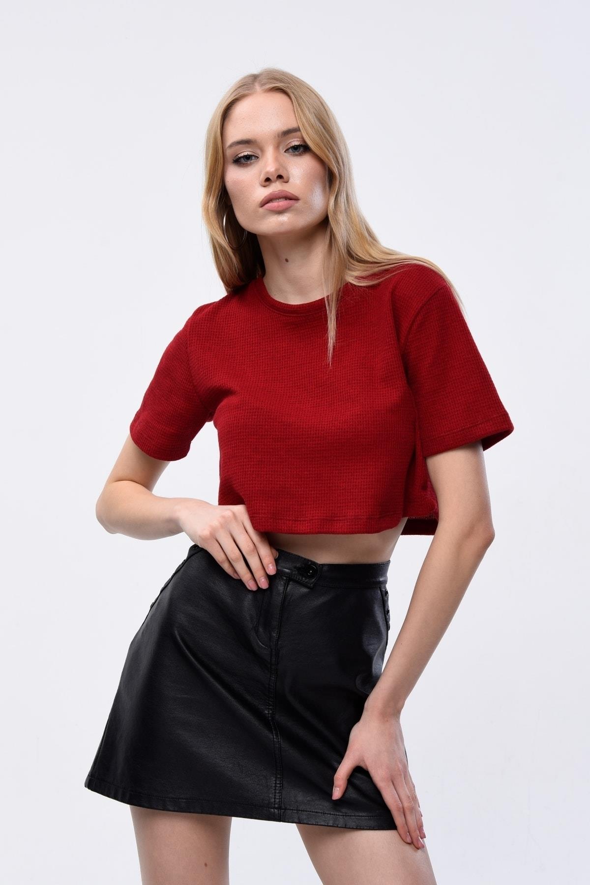 Kadın Waffle Dokulu Bisiklet Yaka Oversize Crop T-shirt