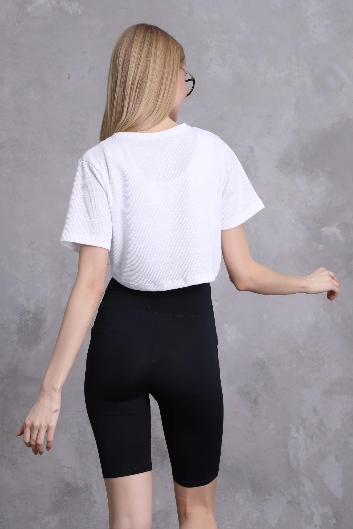 Kadın Waffle Dokulu Bisiklet Yaka Oversize Crop T-shirt