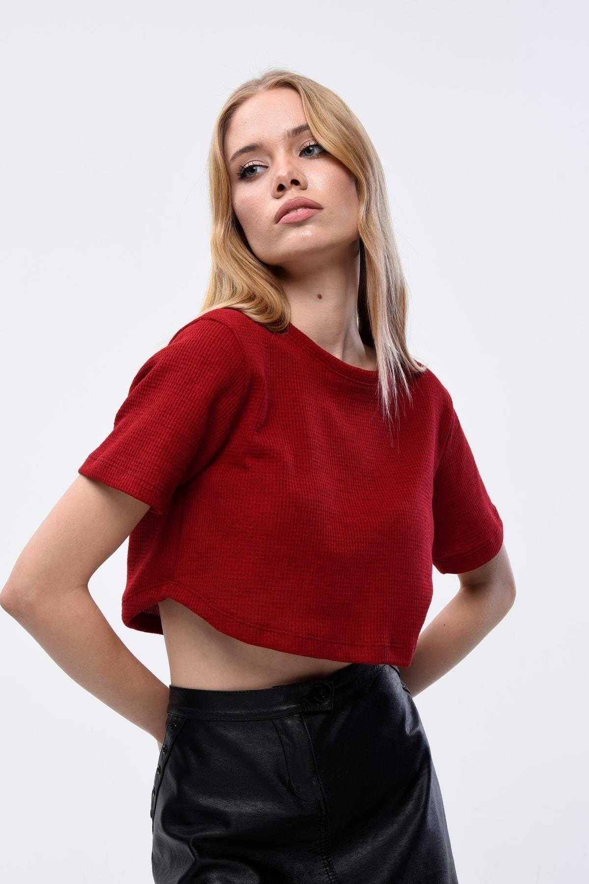 Kadın Waffle Dokulu Bisiklet Yaka Oversize Crop T-shirt