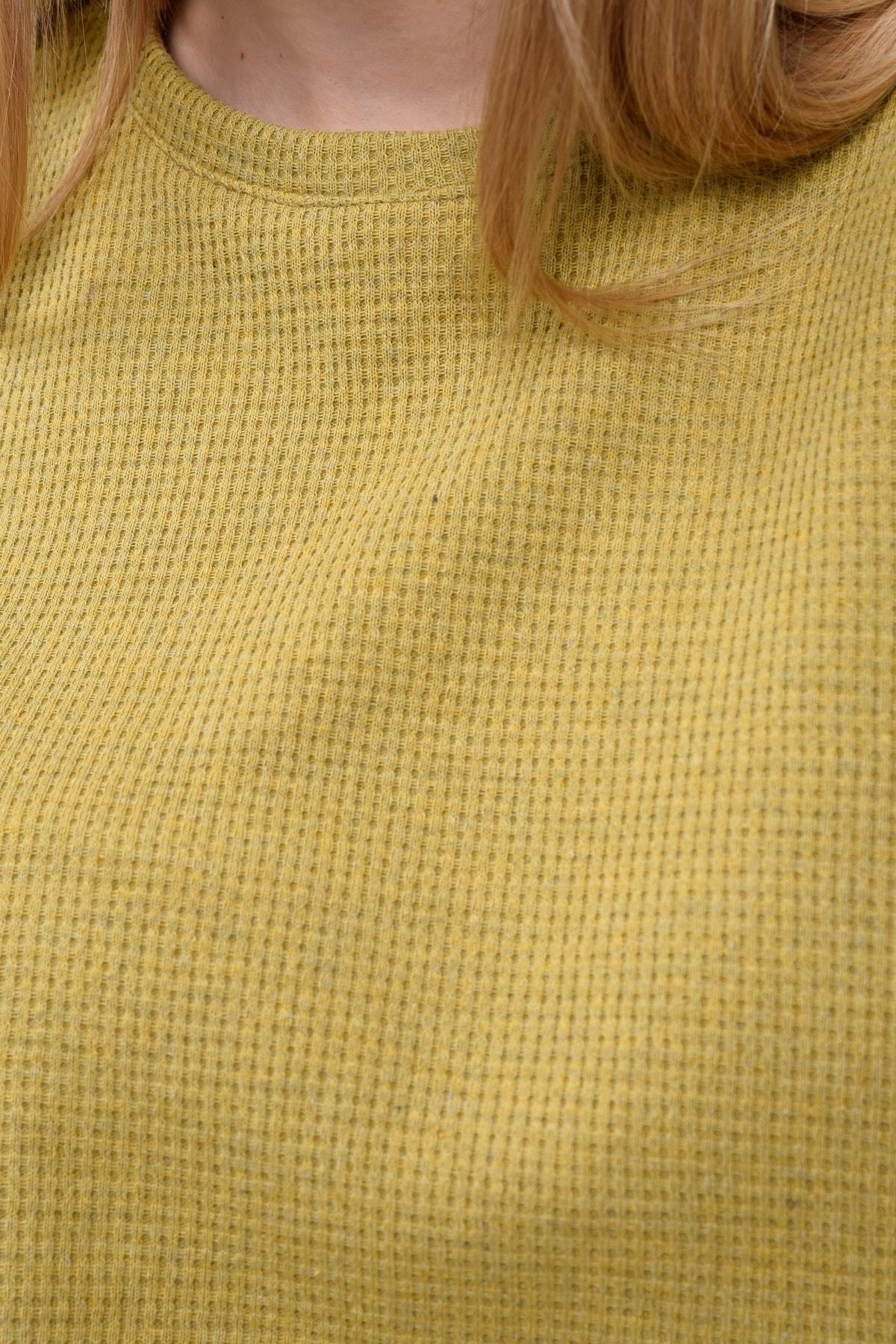 Kadın Waffle Dokulu Bisiklet Yaka Oversize Crop T-shirt