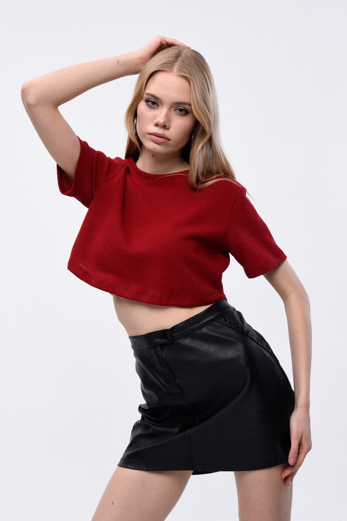 Kadın Waffle Dokulu Bisiklet Yaka Oversize Crop T-shirt