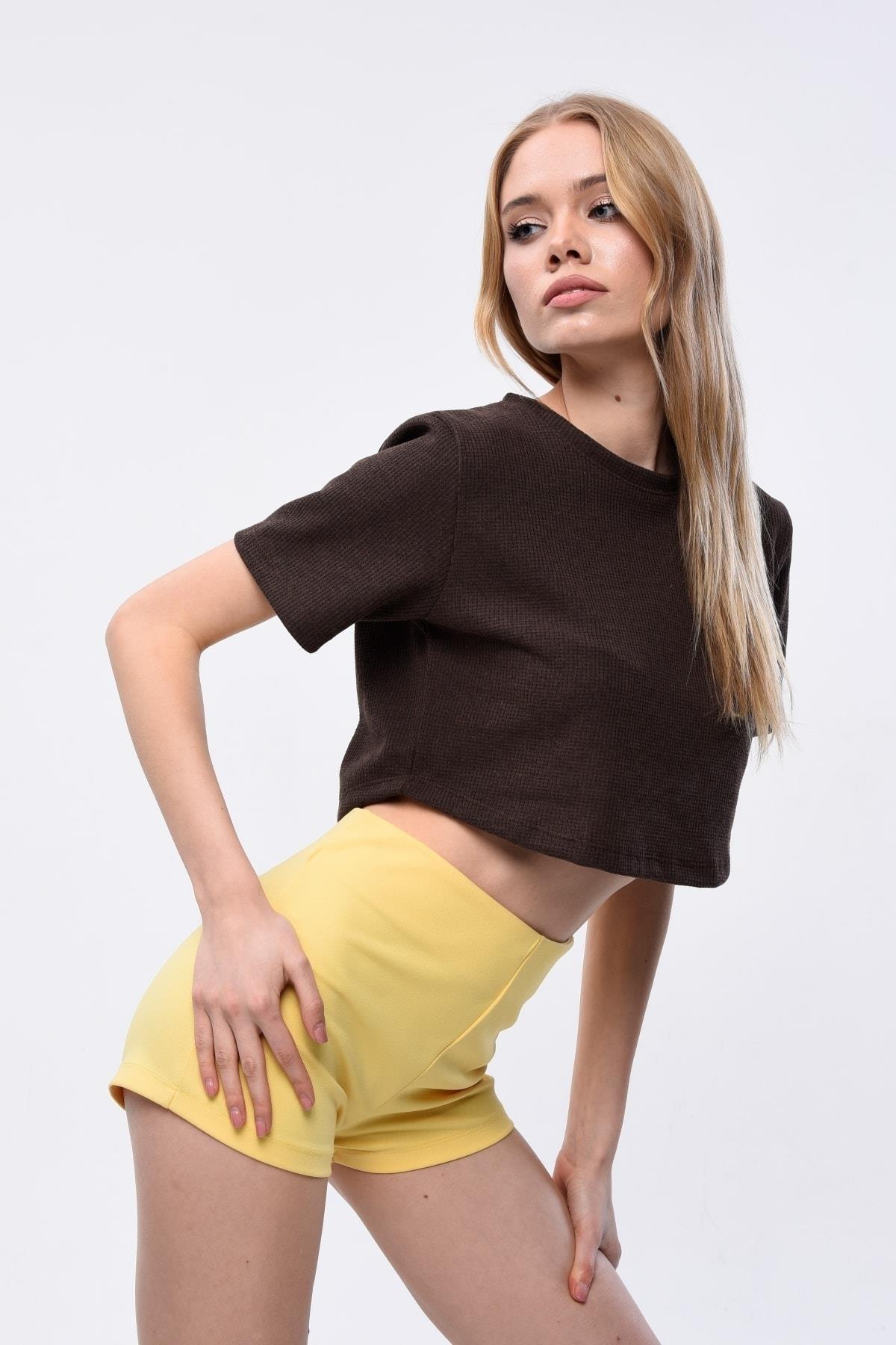 Kadın Waffle Dokulu Bisiklet Yaka Oversize Crop T-shirt