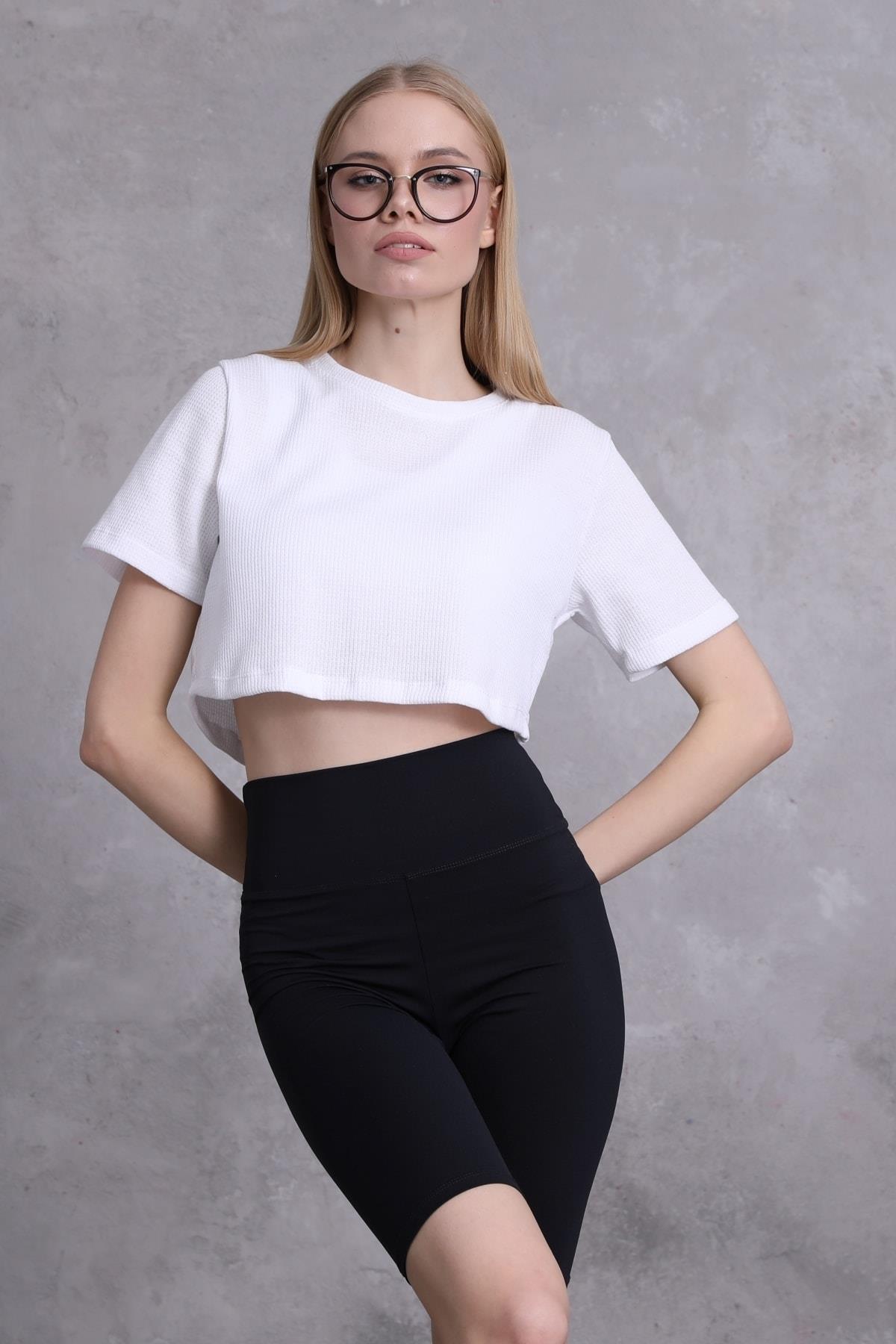Kadın Waffle Dokulu Bisiklet Yaka Oversize Crop T-shirt