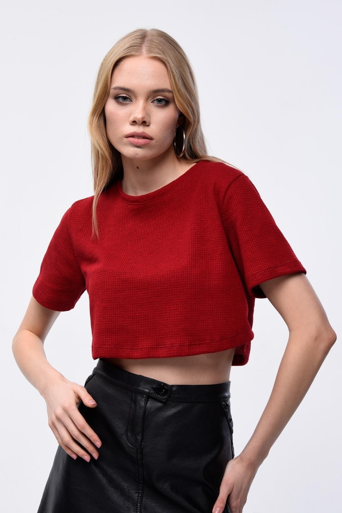 Kadın Waffle Dokulu Bisiklet Yaka Oversize Crop T-shirt