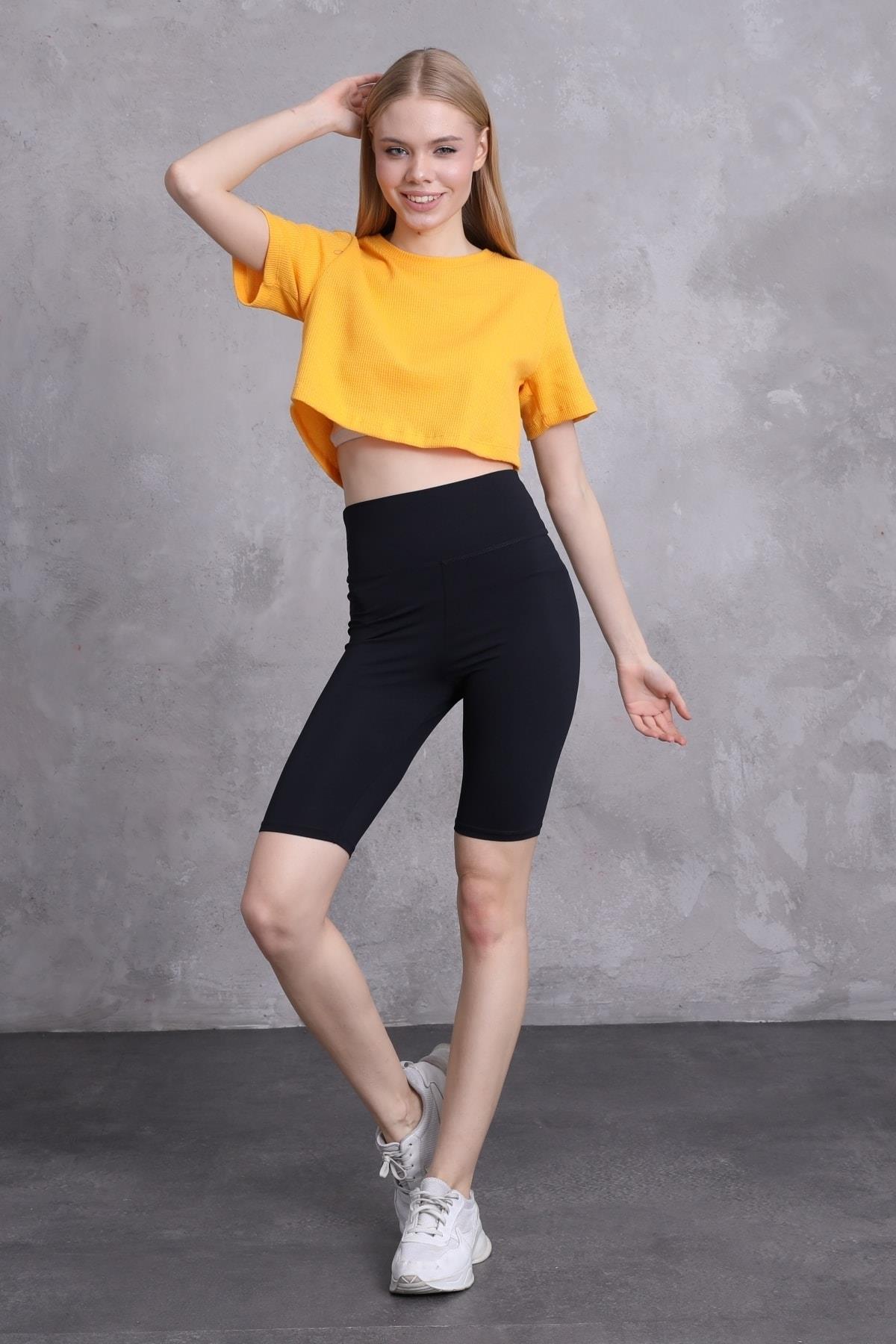 Kadın Waffle Dokulu Bisiklet Yaka Oversize Crop T-shirt