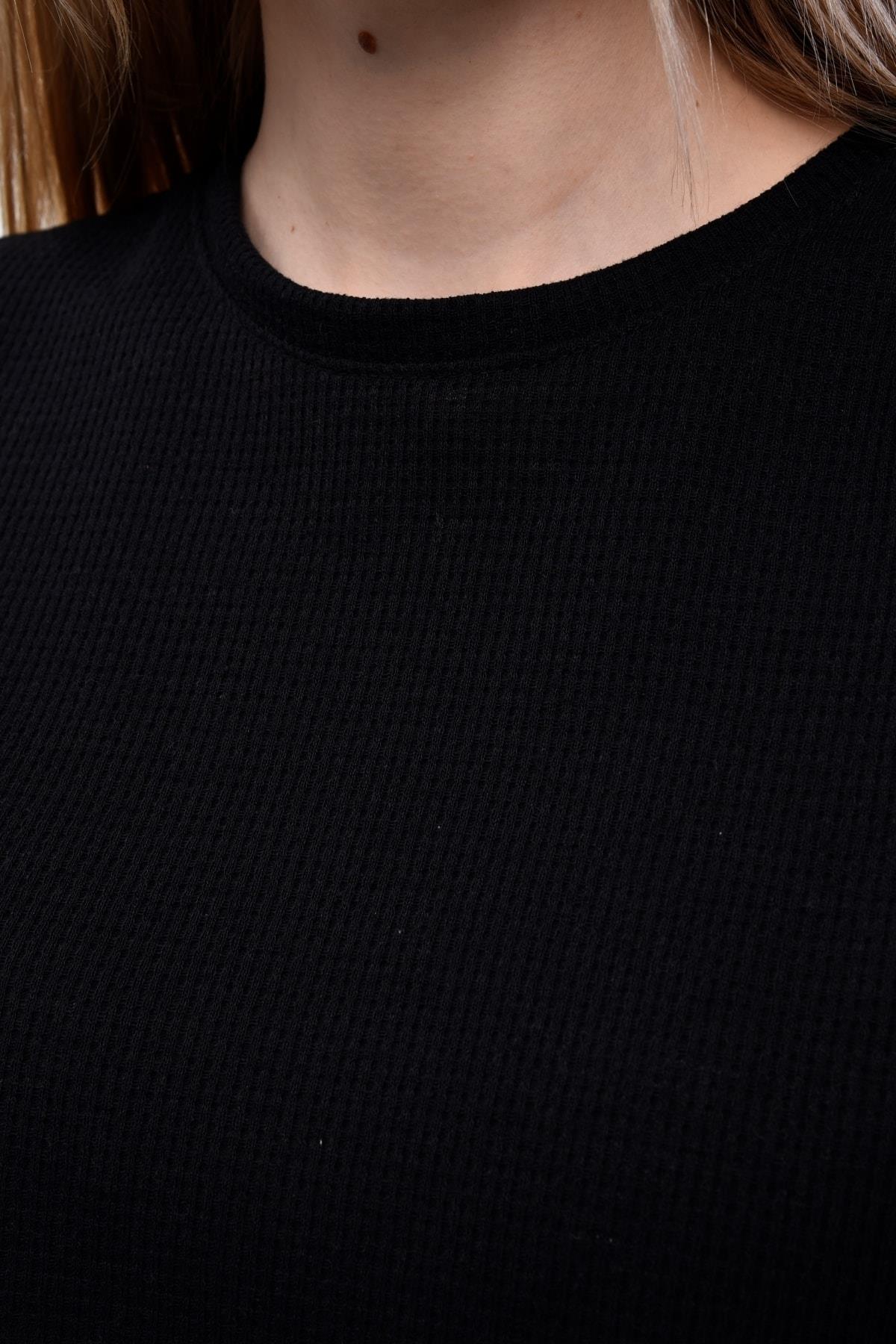 Kadın Waffle Dokulu Bisiklet Yaka Oversize Crop T-shirt