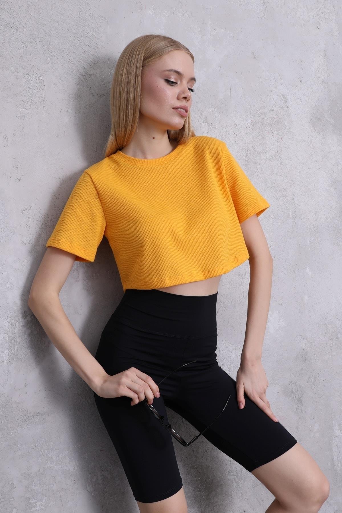 Kadın Waffle Dokulu Bisiklet Yaka Oversize Crop T-shirt