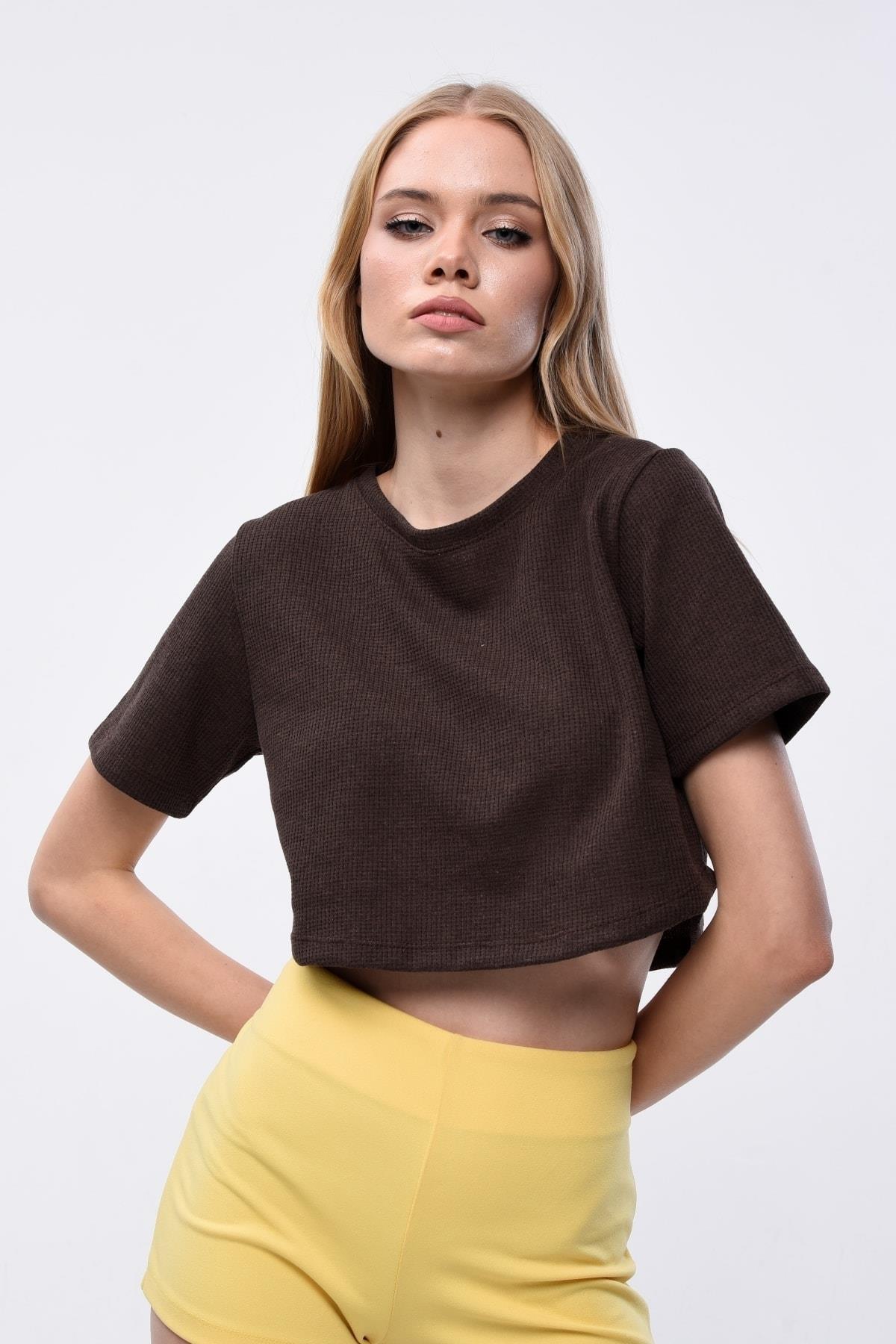 Kadın Waffle Dokulu Bisiklet Yaka Oversize Crop T-shirt