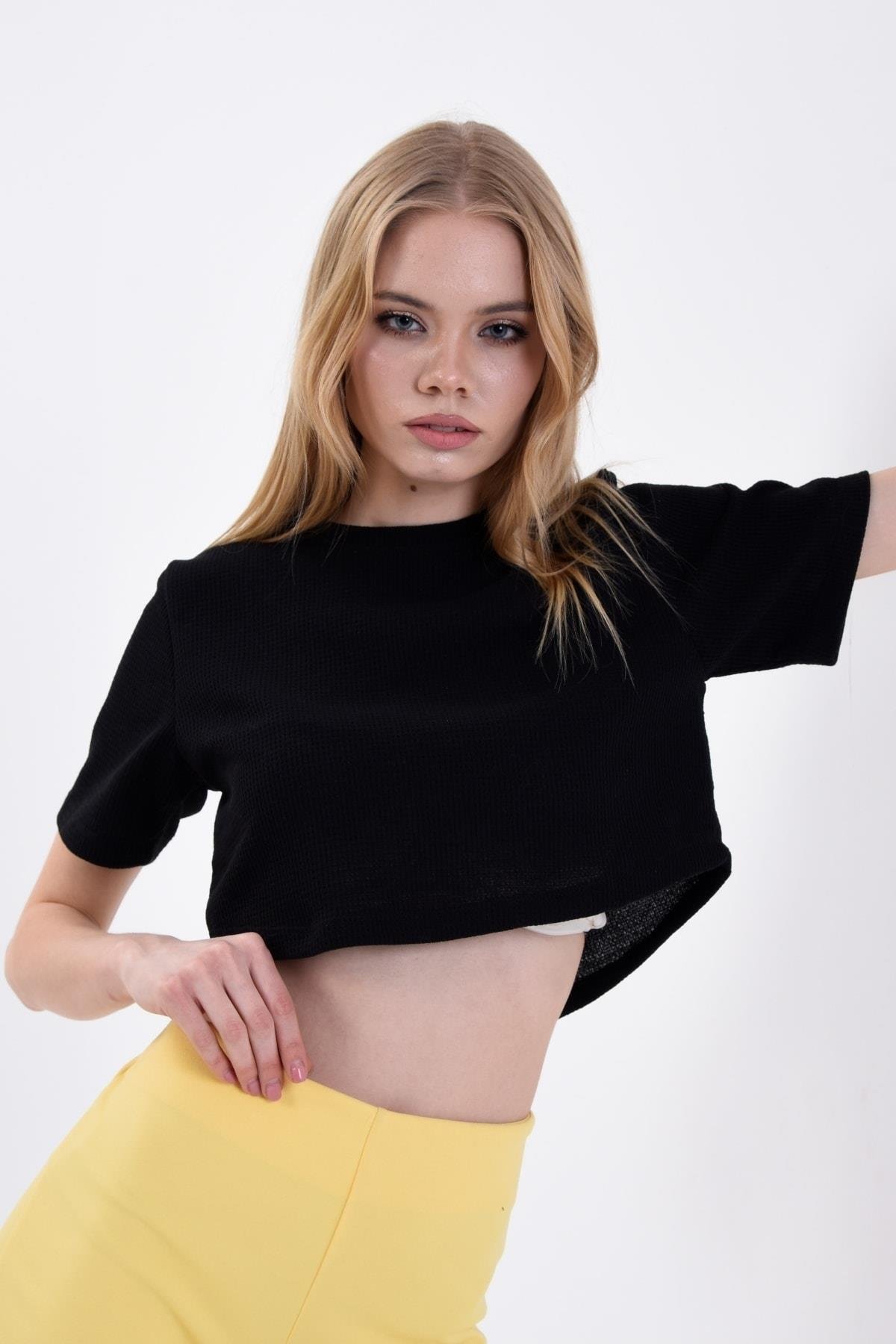 Kadın Waffle Dokulu Bisiklet Yaka Oversize Crop T-shirt