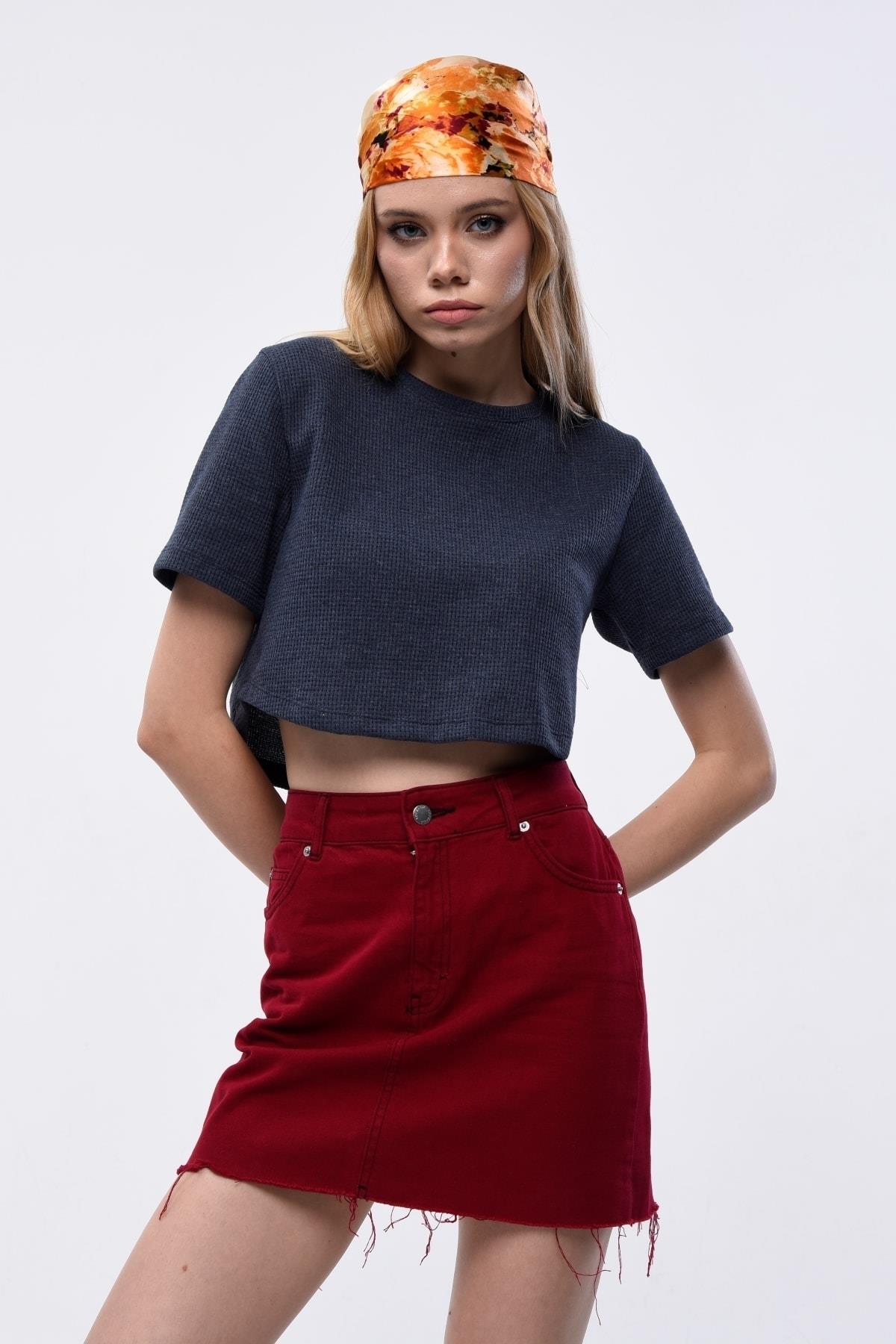 Kadın Waffle Dokulu Bisiklet Yaka Oversize Crop T-shirt