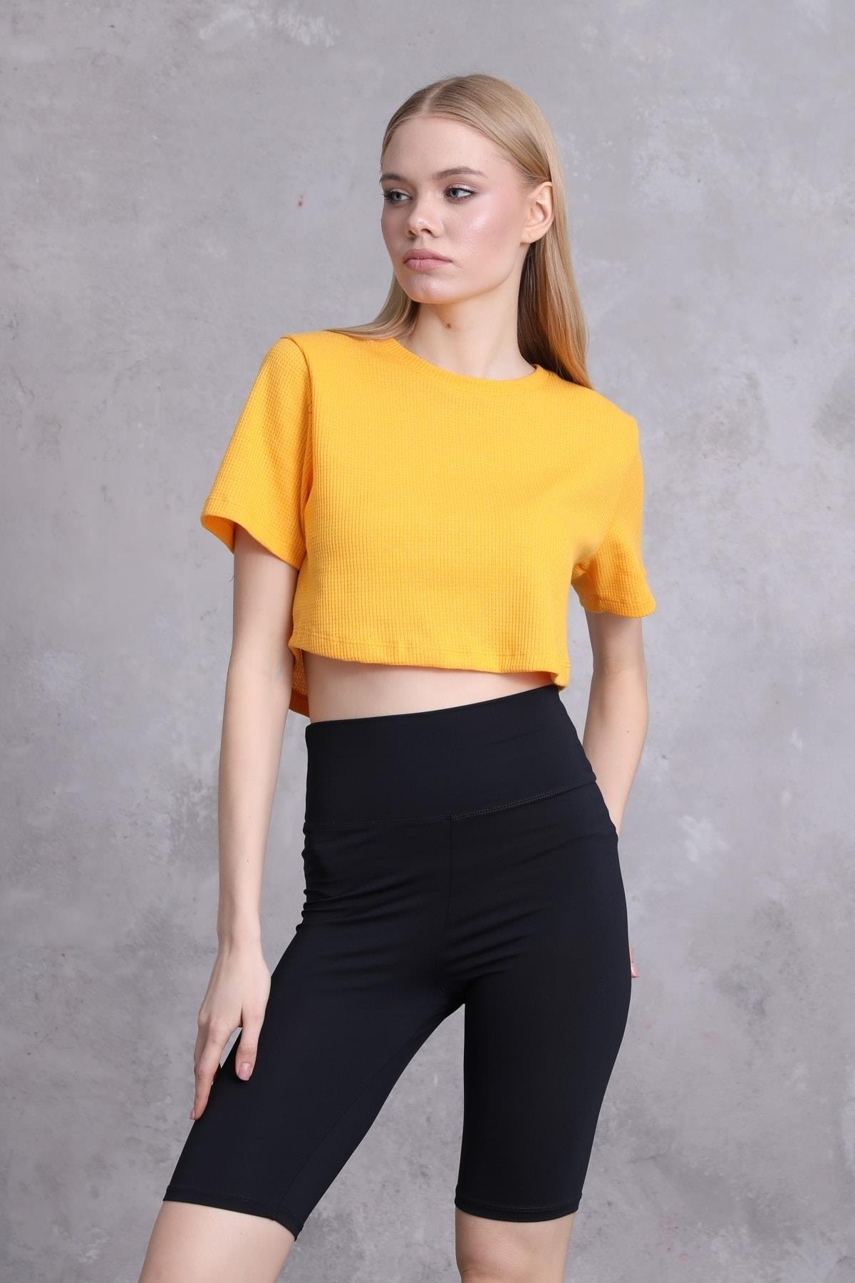 Kadın Waffle Dokulu Bisiklet Yaka Oversize Crop T-shirt