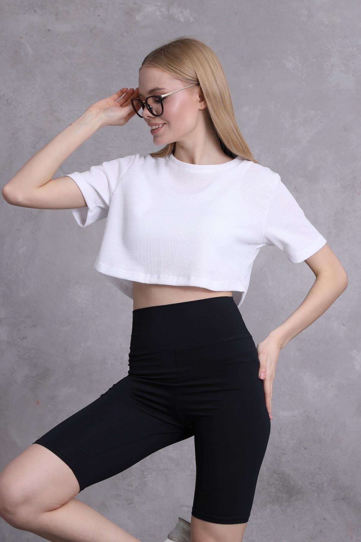 Kadın Waffle Dokulu Bisiklet Yaka Oversize Crop T-shirt