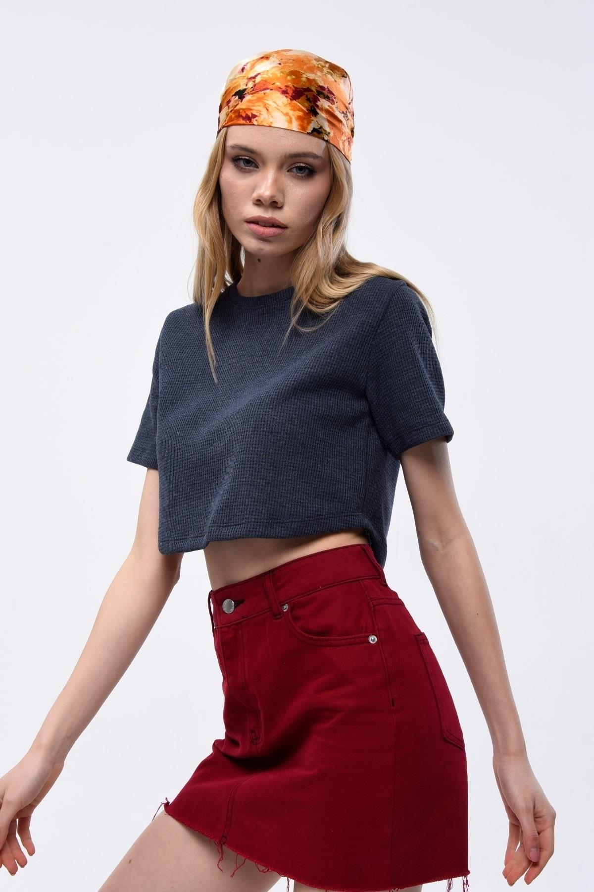 Kadın Waffle Dokulu Bisiklet Yaka Oversize Crop T-shirt