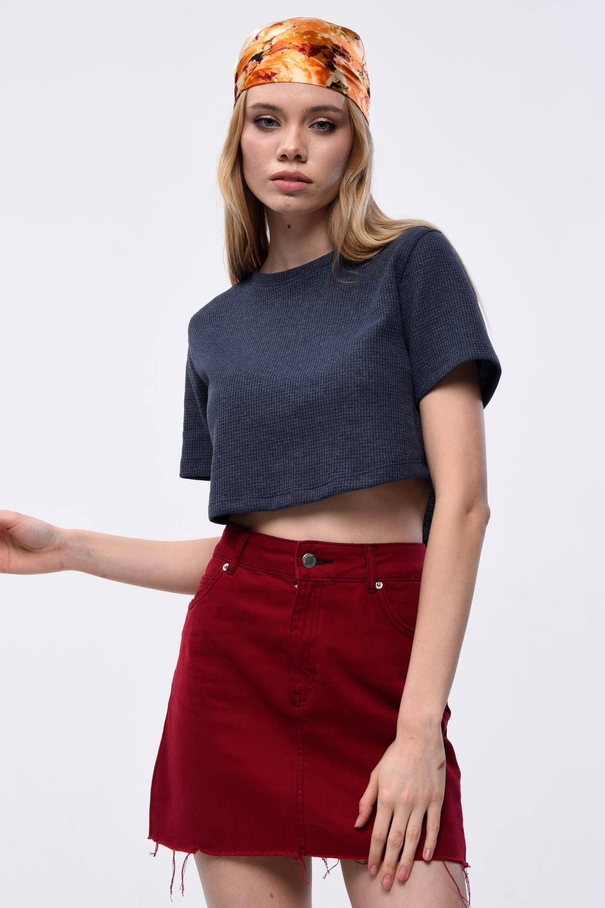 Kadın Waffle Dokulu Bisiklet Yaka Oversize Crop T-shirt
