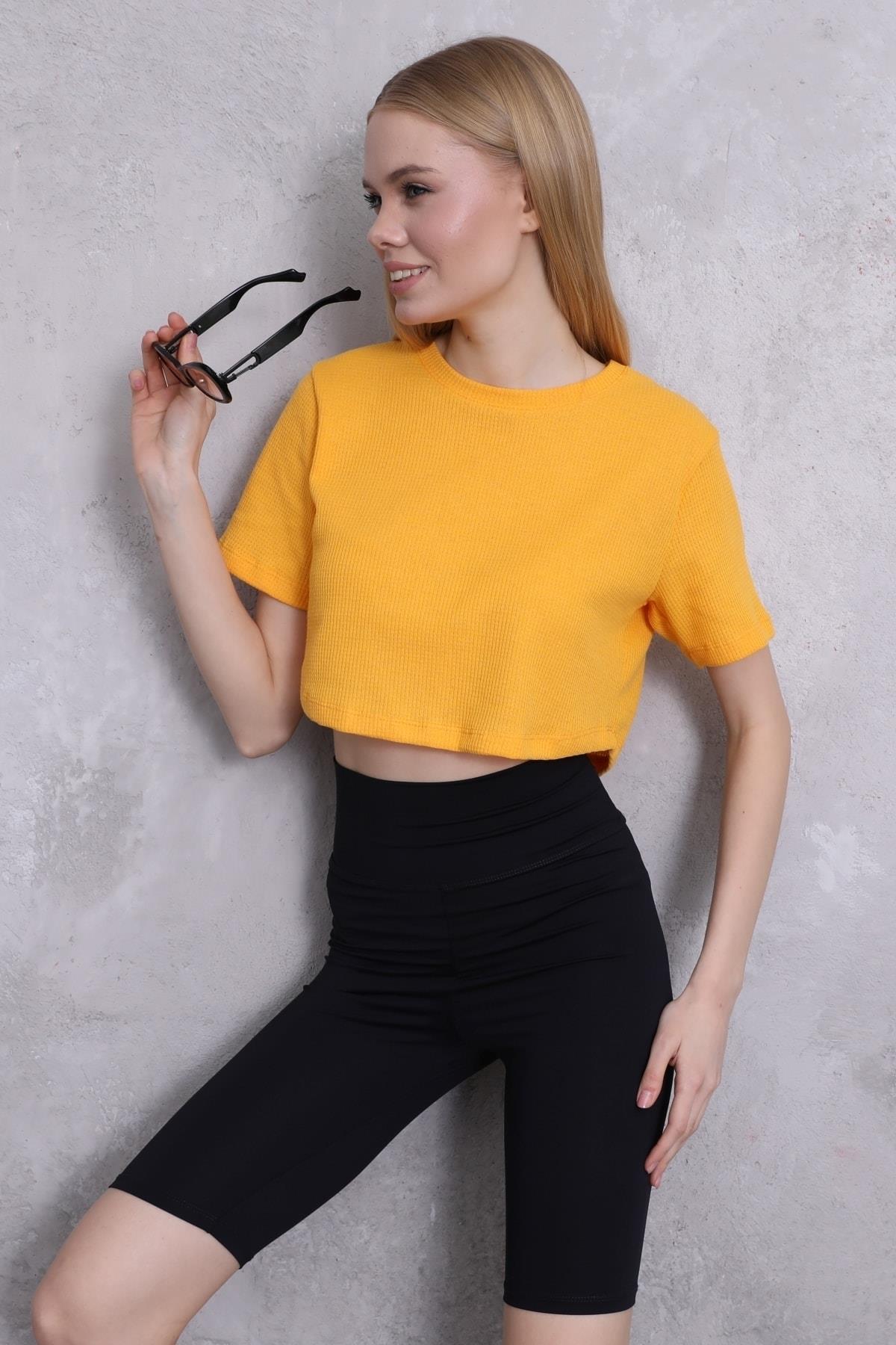 Kadın Waffle Dokulu Bisiklet Yaka Oversize Crop T-shirt