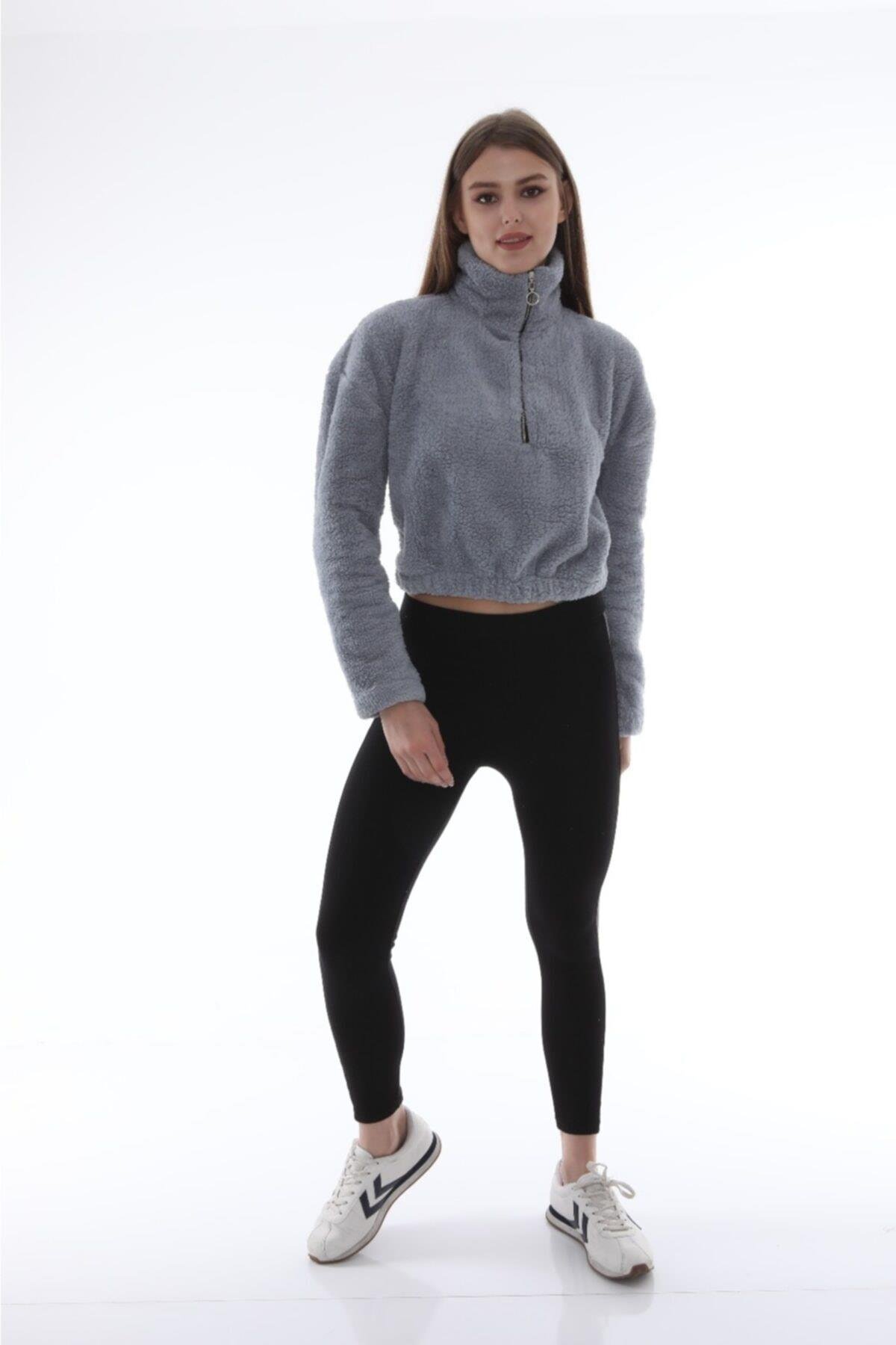 Kadın Yarım Fermuar Gri Balıkçı Peluş Düşük Omuz Kısa Oversize Crop Sweatshirt