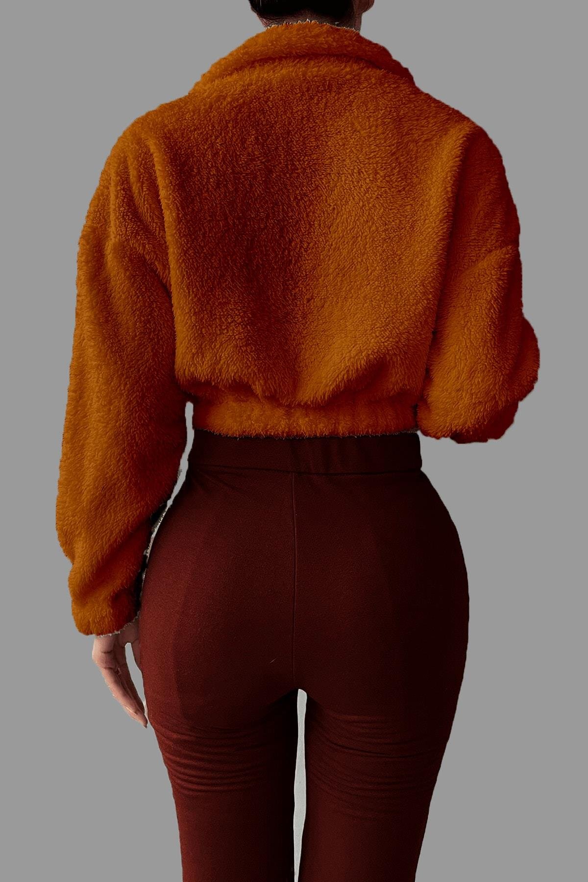 Kadın Yarım Fermuar Gri Balıkçı Peluş Düşük Omuz Kısa Oversize Crop Sweatshirt