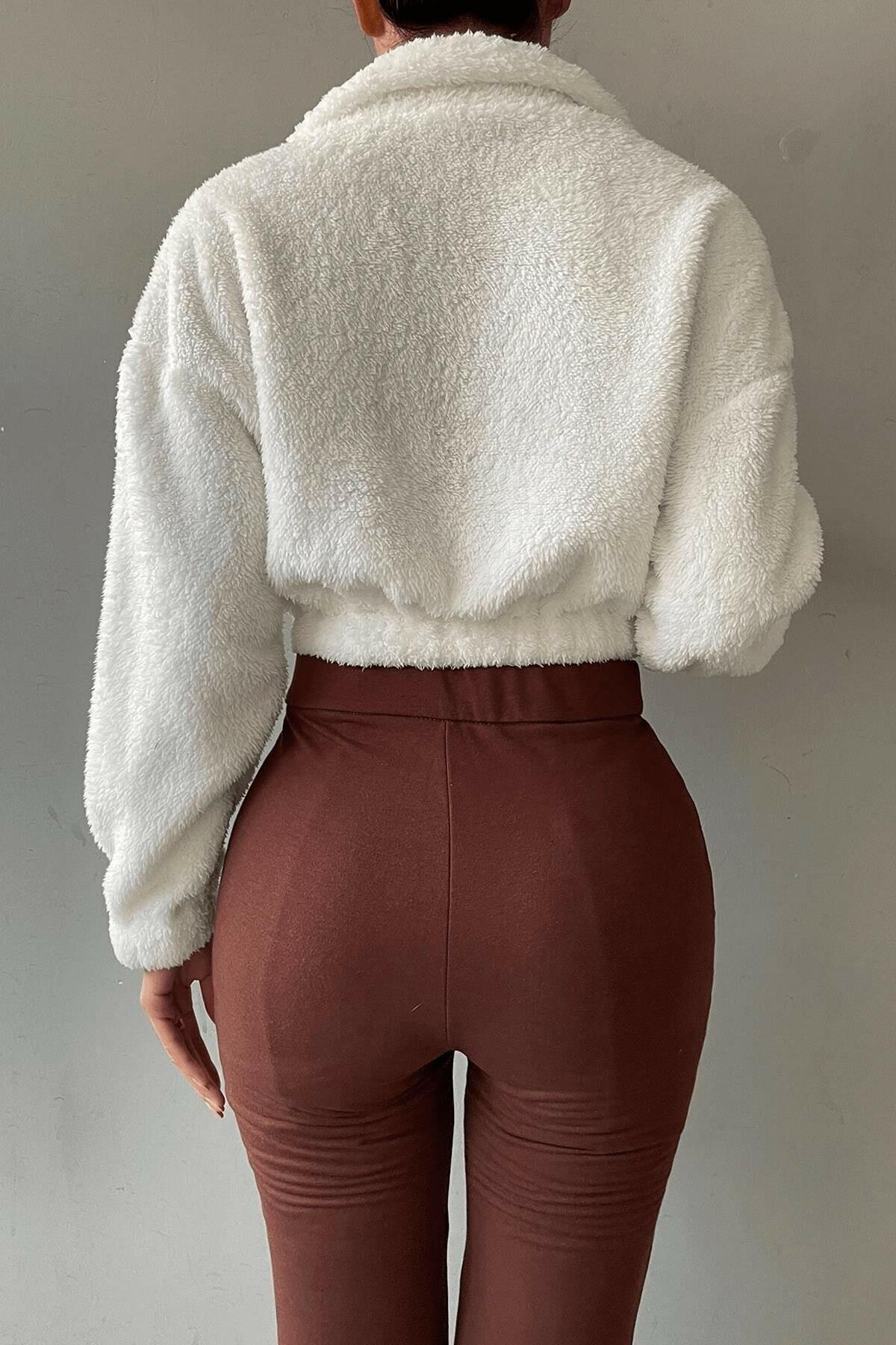 Kadın Yarım Fermuar Gri Balıkçı Peluş Düşük Omuz Kısa Oversize Crop Sweatshirt