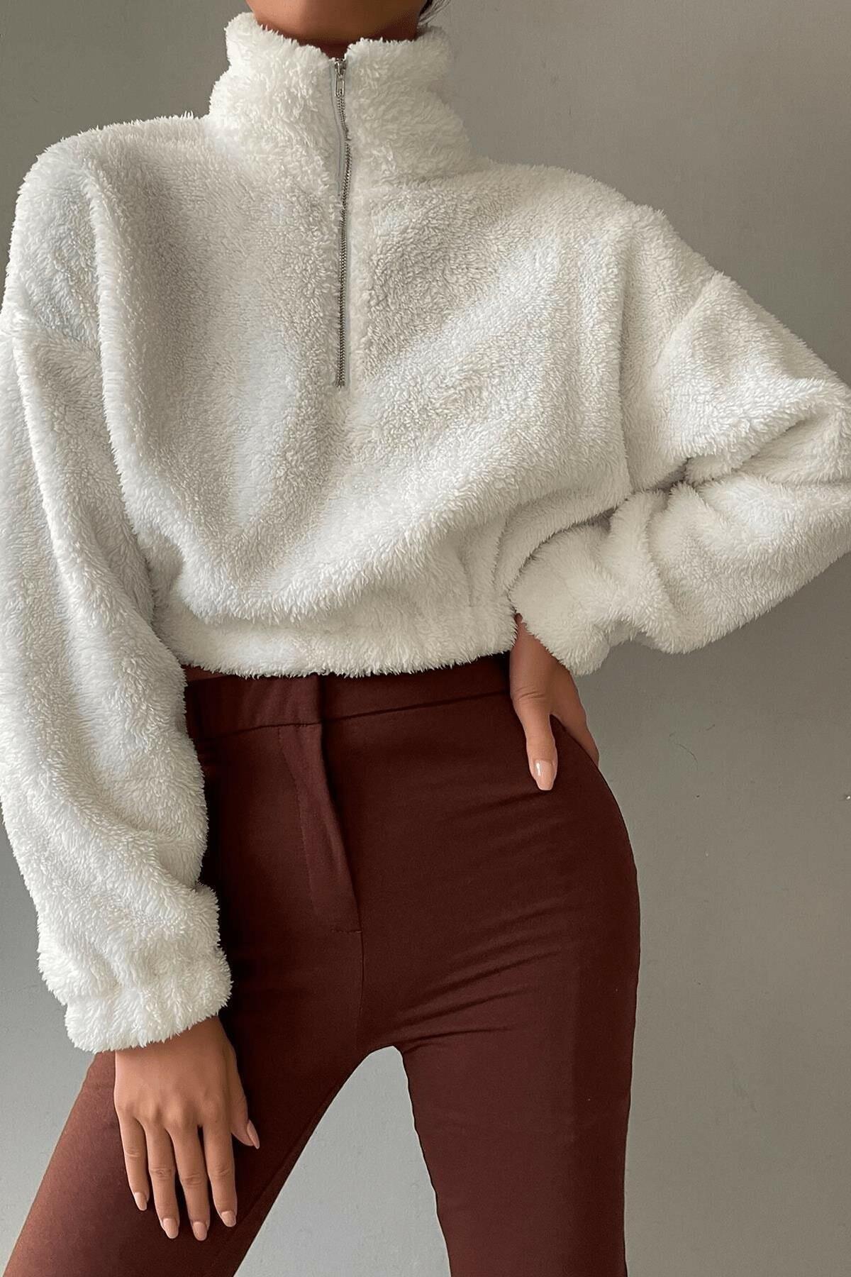 Kadın Yarım Fermuar Gri Balıkçı Peluş Düşük Omuz Kısa Oversize Crop Sweatshirt