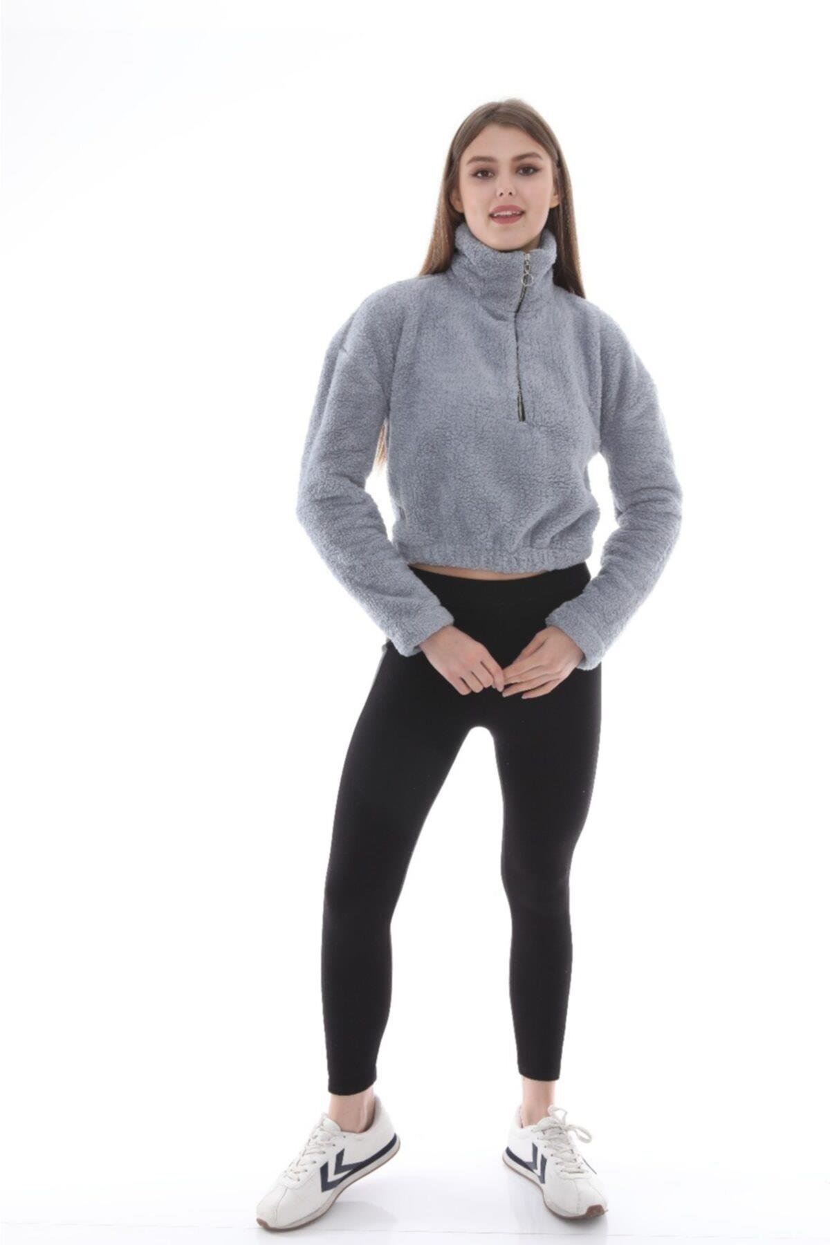 Kadın Yarım Fermuar Gri Balıkçı Peluş Düşük Omuz Kısa Oversize Crop Sweatshirt