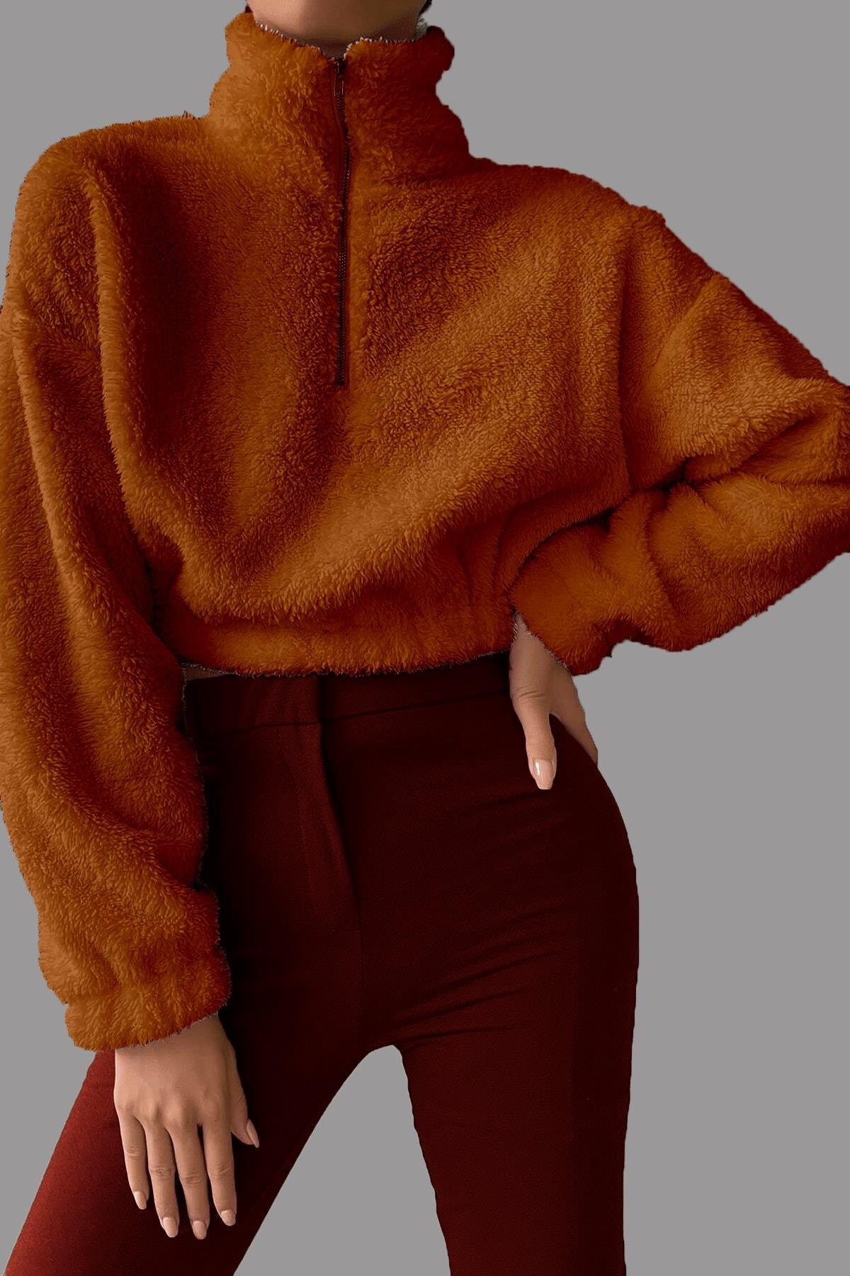 Kadın Yarım Fermuar Gri Balıkçı Peluş Düşük Omuz Kısa Oversize Crop Sweatshirt