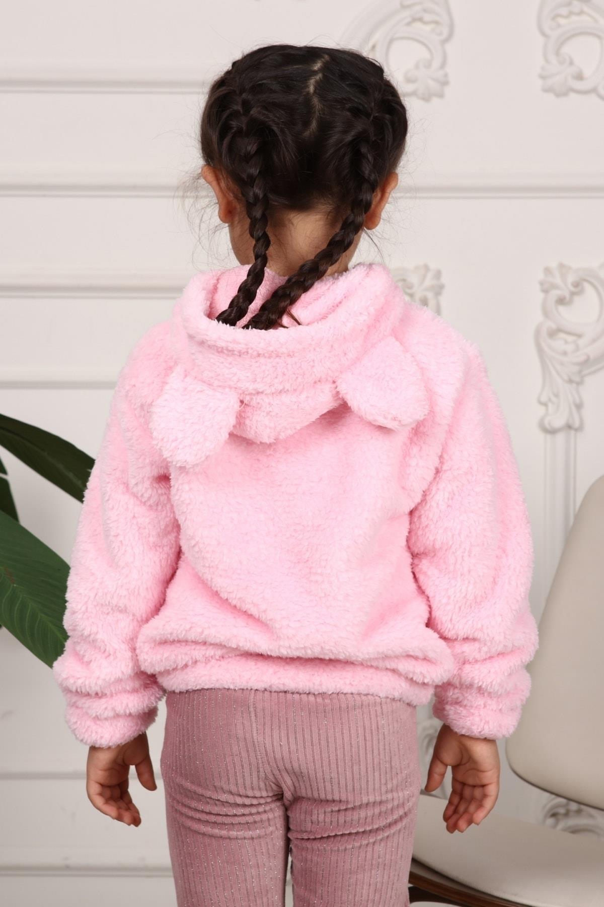Kız Çocuk Smile Nakışlı Kapüşonlu Peluş Sweatshirt
