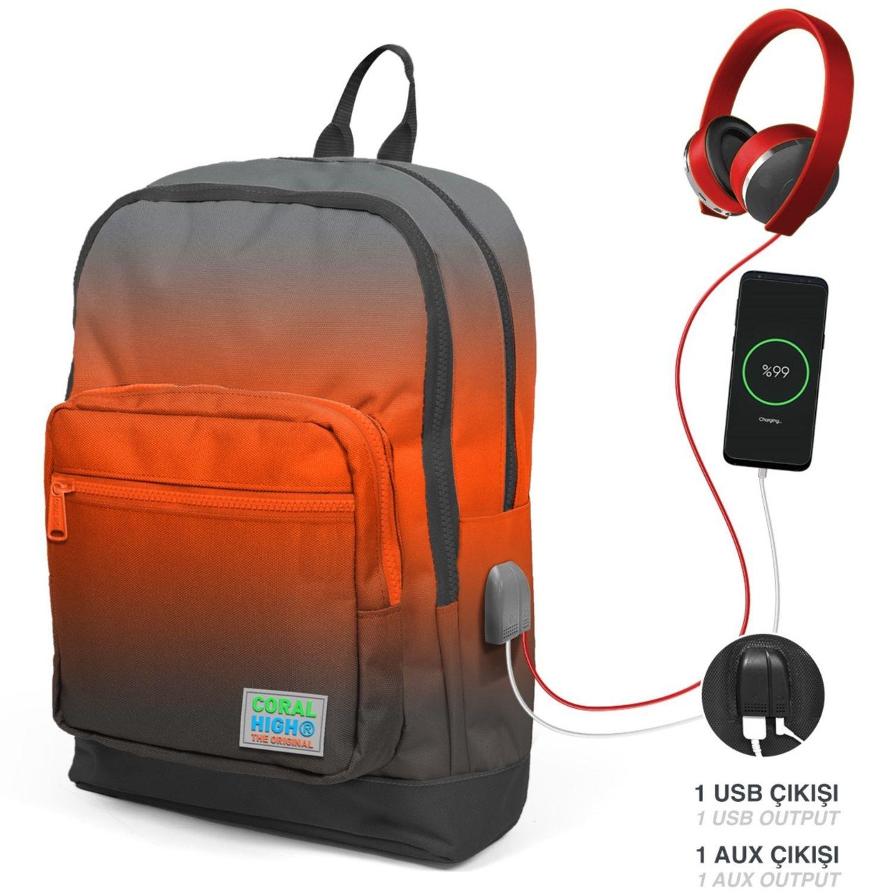 Coral High  Gradyan İlkokul ve Günlük Sırt Çantası - Erkek Çocuk - USB Soketli