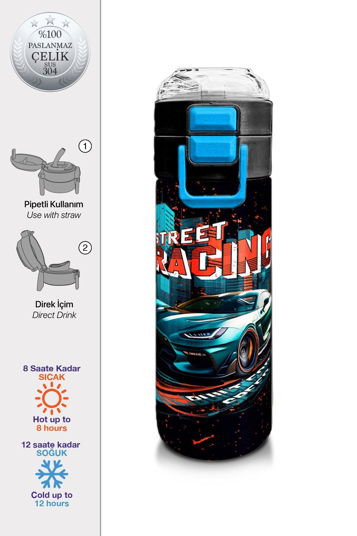 Coral High 500 ml Erkek Çocuk Pipetli Termos/Matara - Nefti Yarış Arabası Desenli - Çift Kullanım Özelliği 31966