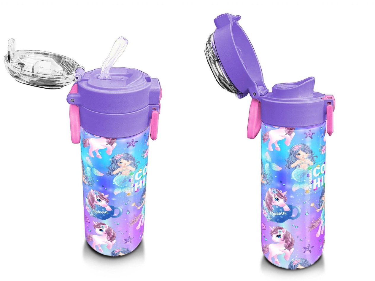 Coral High 500 ml Kız Çocuk Pipetli Termos/Matara - Mor Pembe Unicorn Deniz Kızı Desenli - Çift Kullanım Özelliği 31982