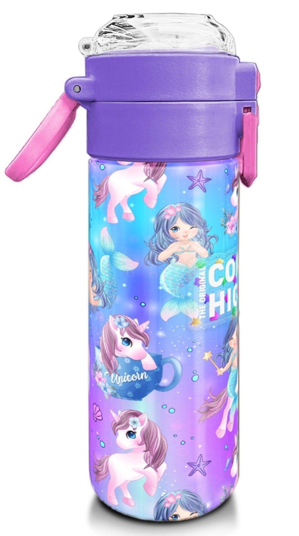 Coral High 500 ml Kız Çocuk Pipetli Termos/Matara - Mor Pembe Unicorn Deniz Kızı Desenli - Çift Kullanım Özelliği 31982