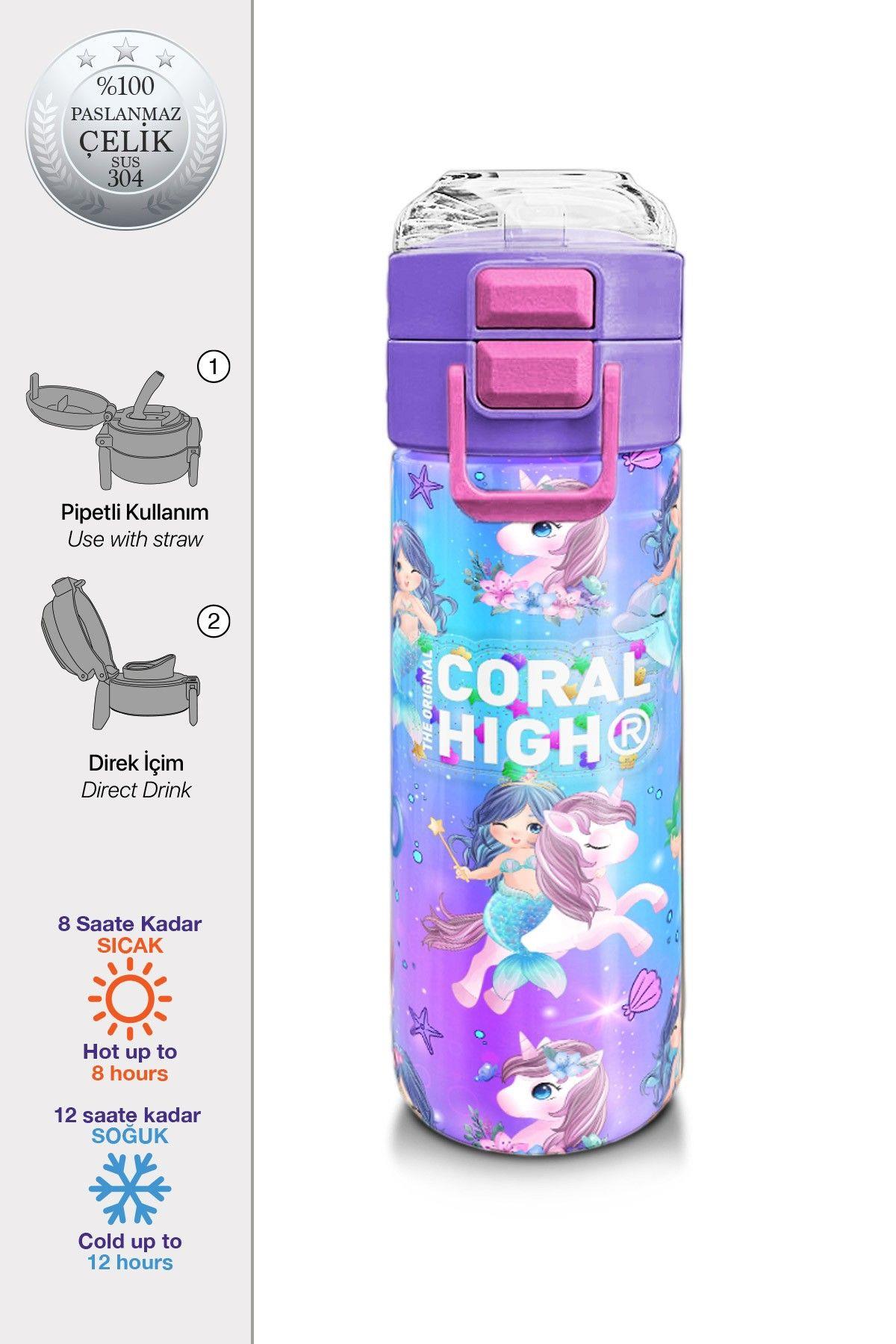 Coral High 500 ml Kız Çocuk Pipetli Termos/Matara - Mor Pembe Unicorn Deniz Kızı Desenli - Çift Kullanım Özelliği 31982