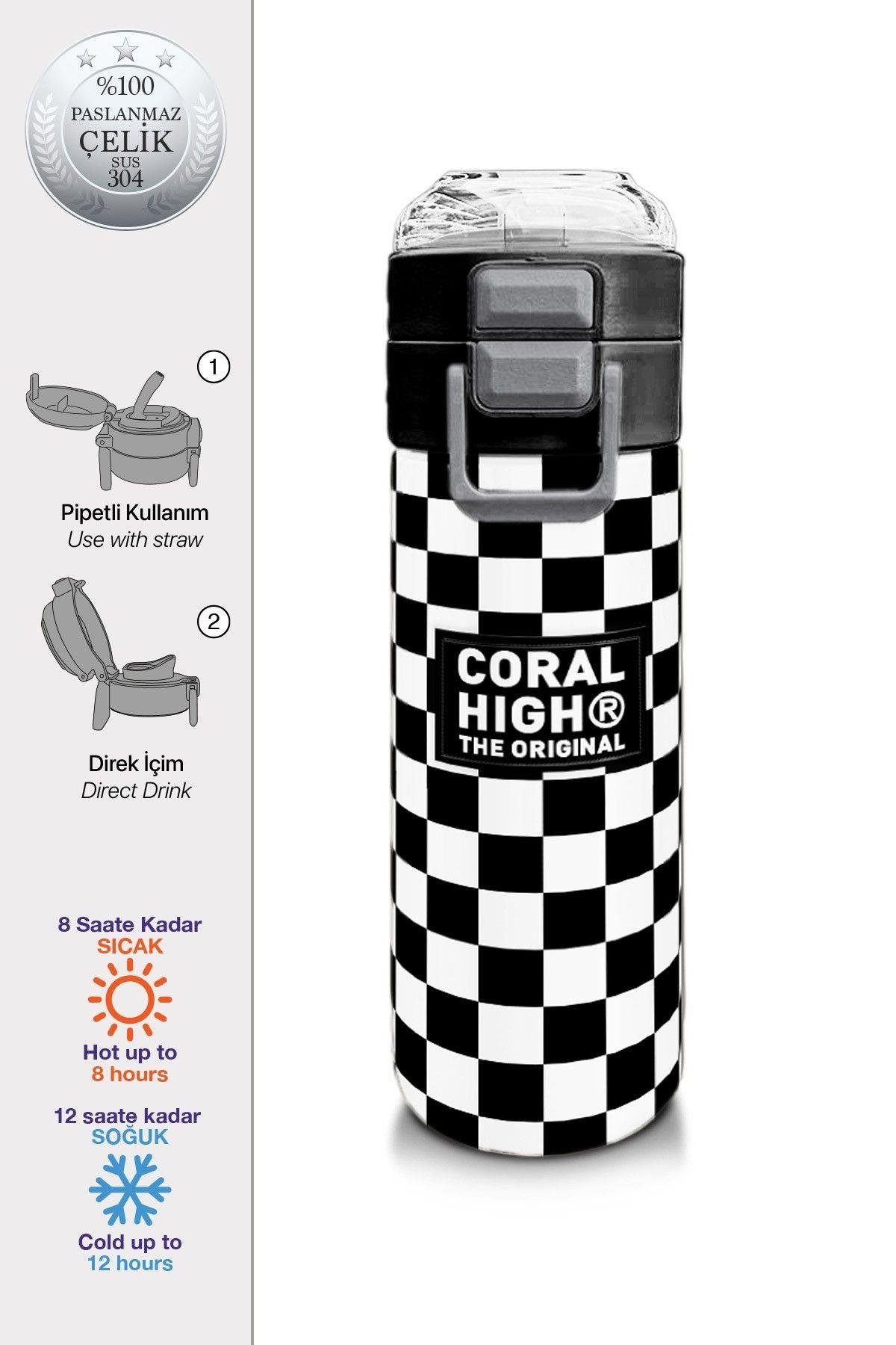 Coral High 500 ml Paslanmaz Çelik Okul Termosu/Suluk/Matara - Erkek Çocuk - Siyah Beyaz Dama Desenli - Sızdırma Yapmaz 31877