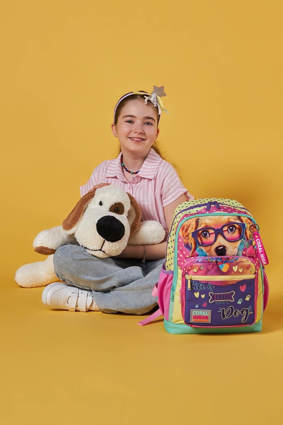 Coral High Dört Bölmeli Sarı Pembe Sevimli Köpek Desenli İlkokul Sırt  - Kız ve Erkek Çocuk
