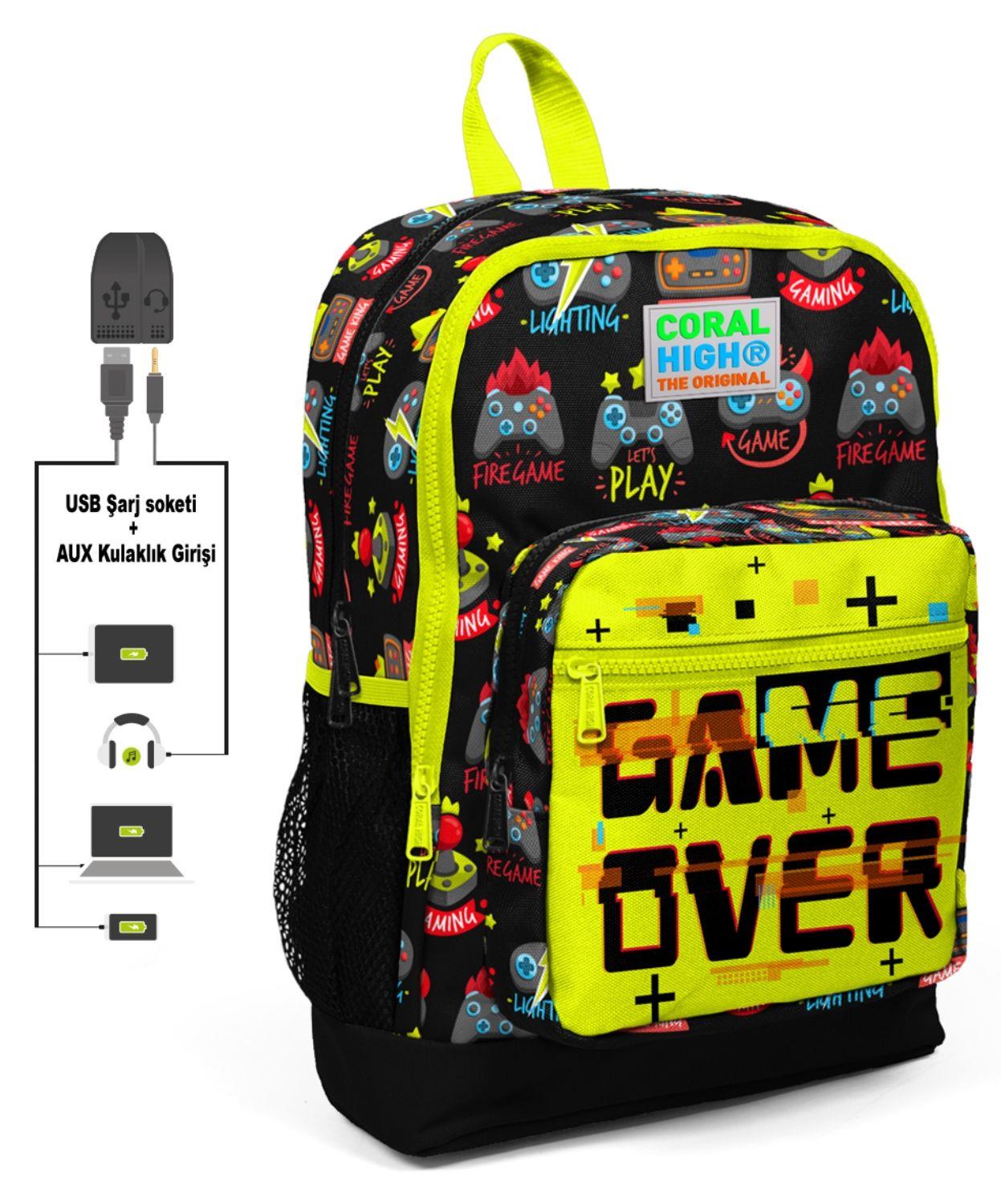 Coral High Game Over Baskılı İlkokul ve Günlük Sırt Çantası -,USB ve AUX Soketli