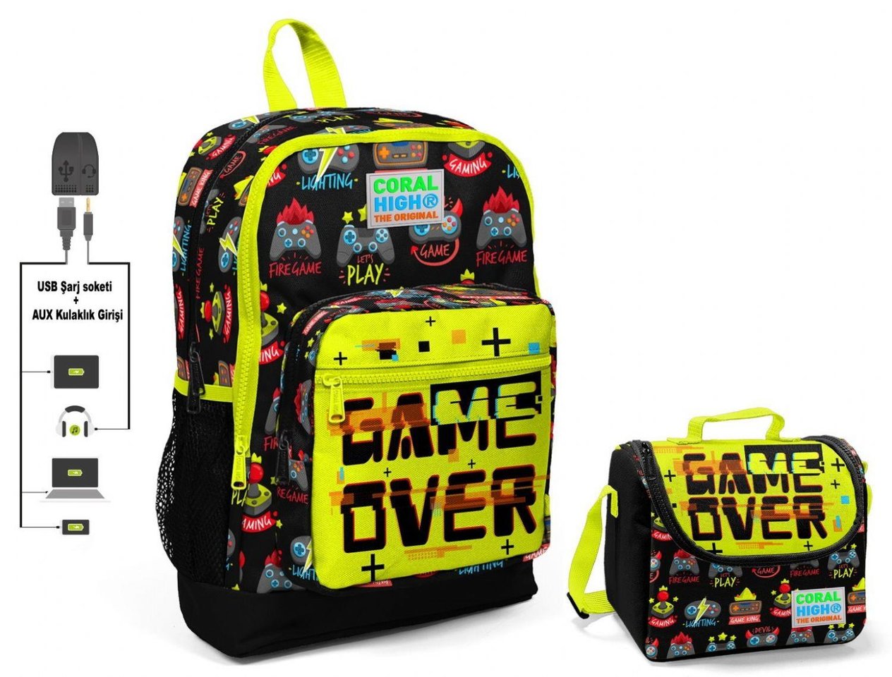 Coral High Game Over Baskılı Okul Çantası ve Beslenme Çantası Seti - Erkek Çocuk - USB Soketli