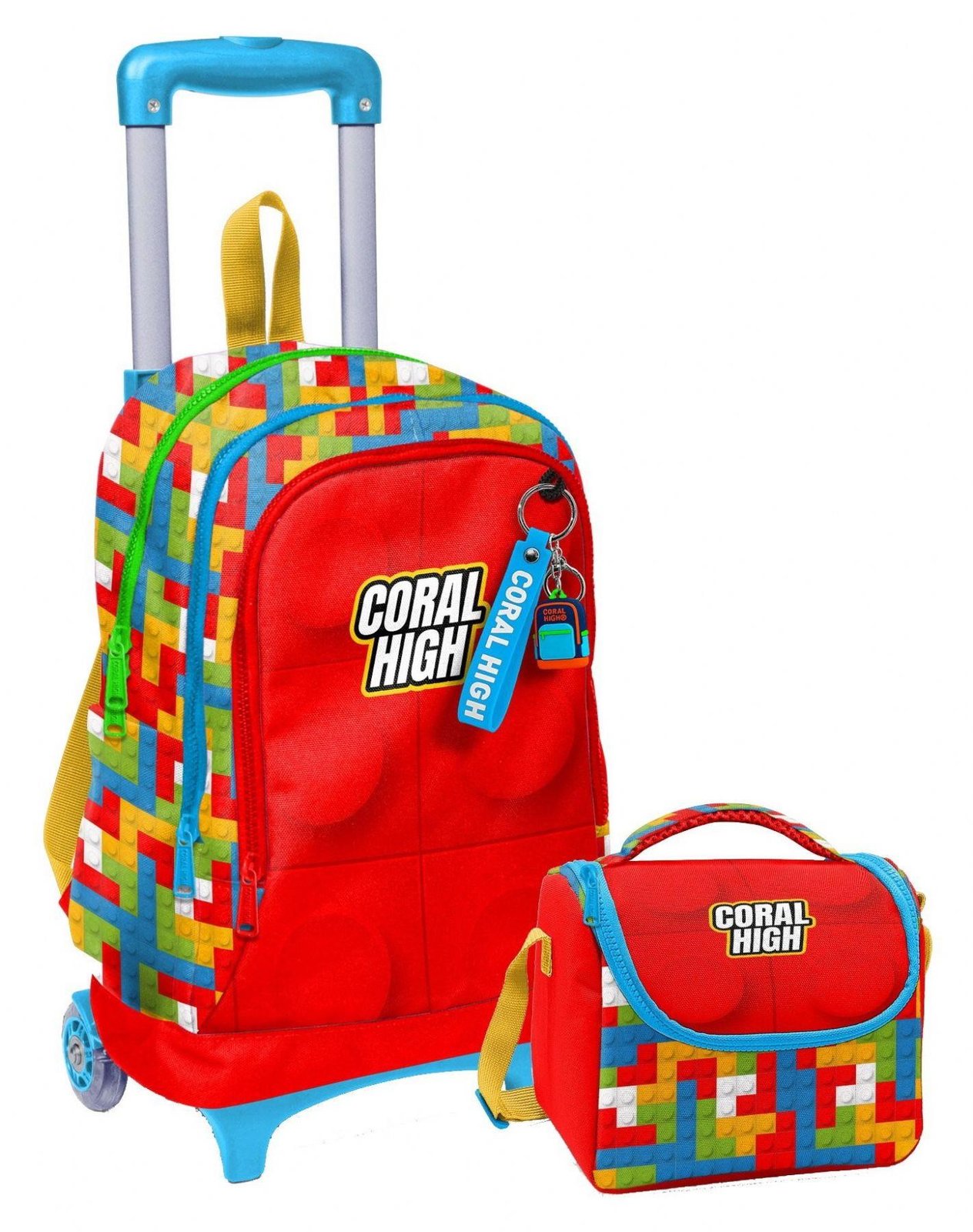 Coral High Işıklı Tekerlekli Çekçek Okul Çanta + Isı Yalıtımlı Beslenme Çantası - Erkek Çocuk - Kırmızı Yapı Blokları