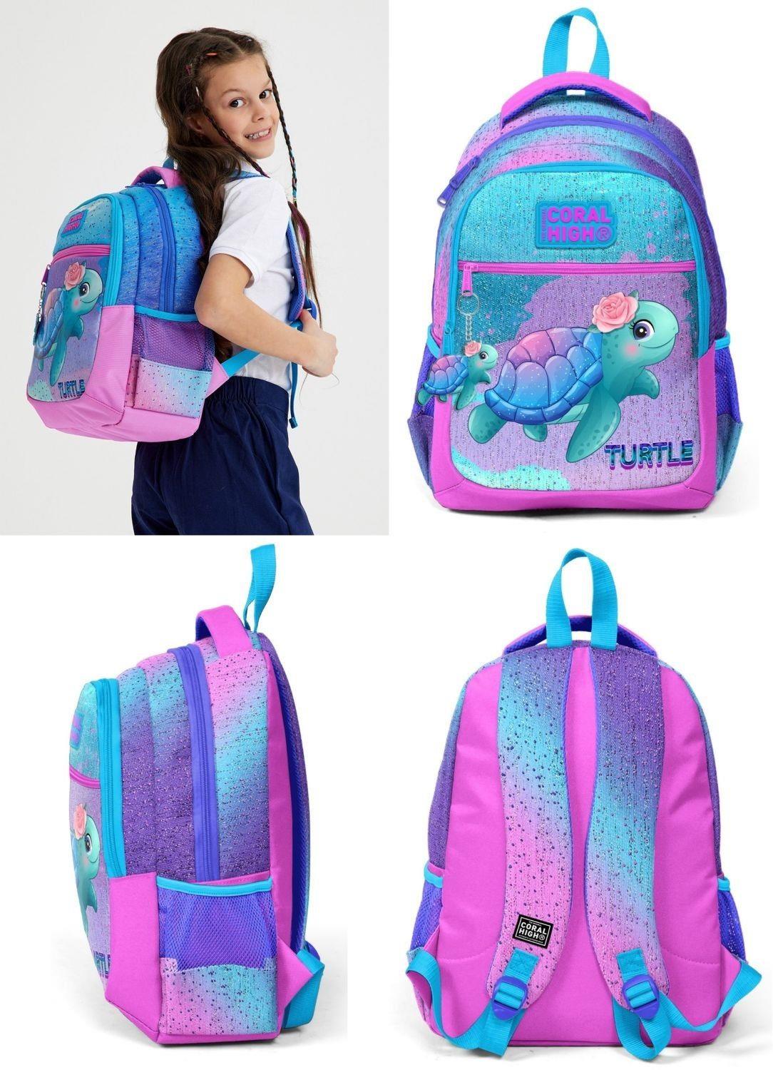 Coral High Kids Açık Pembe Mavi Kaplumbağa Desenli 3lü Okul Çanta Seti - Kız Çocuk