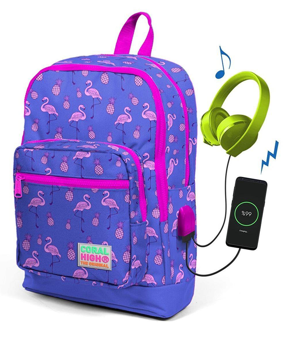 Coral High Kids Mor Flamingo Desenli Usb Şarjlı Kulaklık Çıkışlı Okul Sırt Çantası