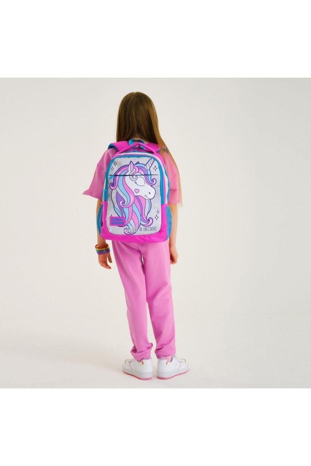Coral High Kids Pembe Gümüş Simli Unicorn Desenli 2'li Okul Çanta Seti - Kız Çocuk