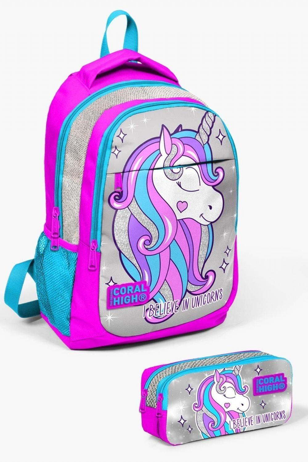Coral High Kids Pembe Gümüş Simli Unicorn Desenli 2'li Okul Çanta Seti - Kız Çocuk