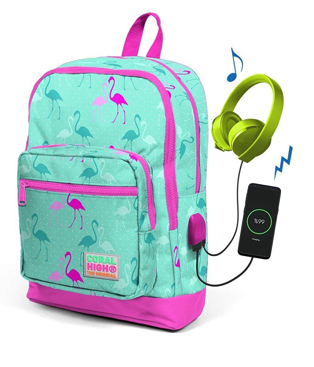 Coral High Kids Su Yeşili Flamingo Usb Şarjlı Kulaklık Çıkışlı Okul Sırt Çantası