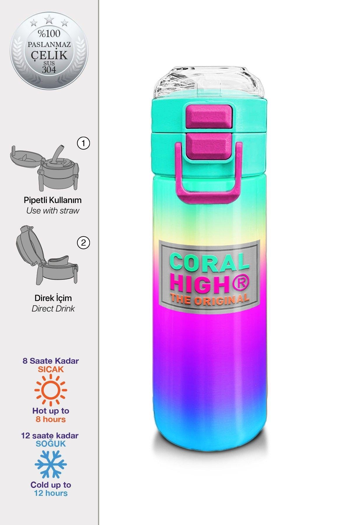 Coral High Kız Çocuk 500 ml Okul ve Günlük Paslanmaz Çelik Termos - Çok Renkli Renk Geçişli - Sızdırmaz 31924