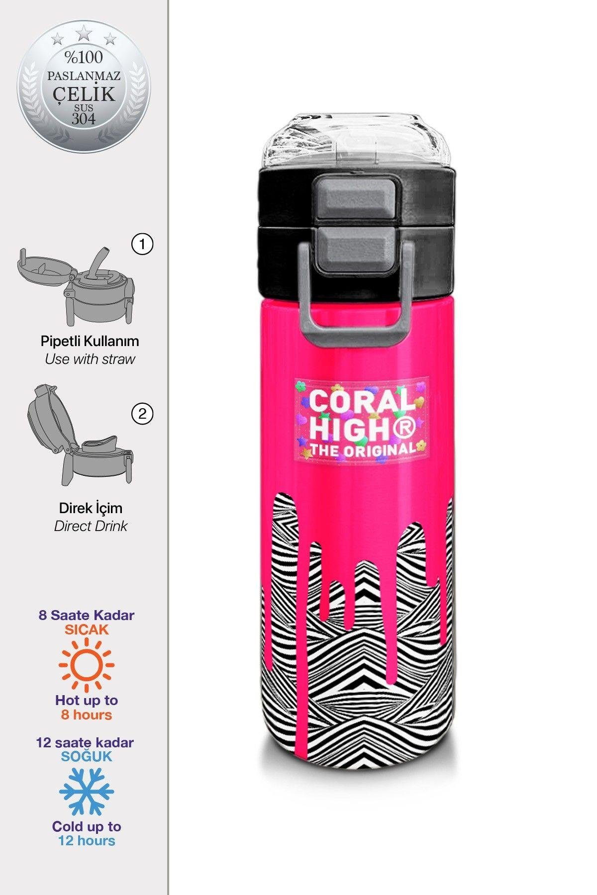 Coral High Kız Çocuk 500 ml Okul ve Günlük Paslanmaz Çelik Termos - Pembe Siyah Beyaz Desenli - Sızdırmaz 31878