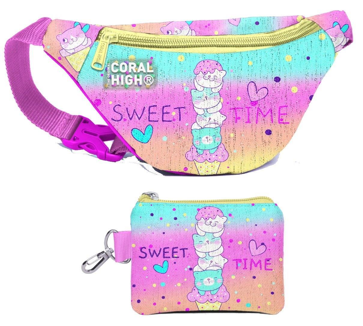 Coral High Kız Çocuk Renkli Dondurmalı Kedi Desenli Bel Çantası ve Bozuk Para Cüzdanı Set