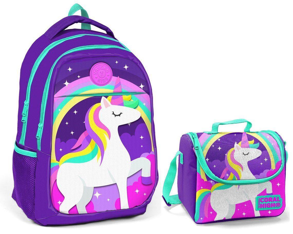 Coral High Kız Mavi Unicorn Okul Sırt Çantası ve Beslenme Çantası